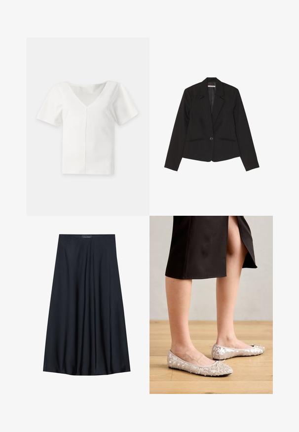 Blazer noir en tissu structuré, doté d'une fermeture à un bouton, de revers crantés et de deux poches avant avec des coutures discrètes.; Blouse blanche à manches courtes avec un profond col en V et une couture verticale centrale à l'avant, présentée sur un fond uni.; Jupe noire, arrivant aux genoux, en tissu léger avec un design fluide. Présente une texture lisse et de subtils plis pour un détail supplémentaire.; Ballerines en sequins beiges avec un bout rond, ornées d'un accent nœud, associées à une jupe noire, exposées sur un sol en bois.
