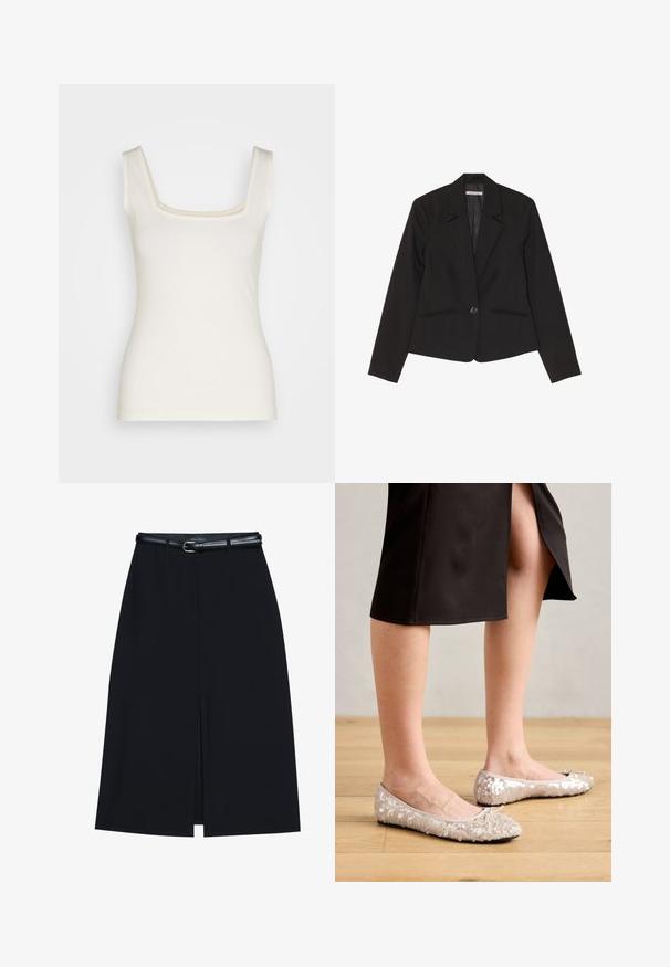 Blazer noir en tissu structuré, doté d'une fermeture à un bouton, de revers crantés et de deux poches avant avec des coutures discrètes.; Débardeur couleur crème avec un décolleté carré, des bretelles fines et une silhouette ajustée. Fabriqué en tissu doux et extensible. Pas de motifs ni d'accents.; Jupe noire à mi-cuisse avec une fente frontale, fabriquée en tissu lisse. Comprend une fine ceinture noire avec une boucle en argent et des passants.; Ballerines en sequins beiges avec un bout rond, ornées d'un accent nœud, associées à une jupe noire, exposées sur un sol en bois.