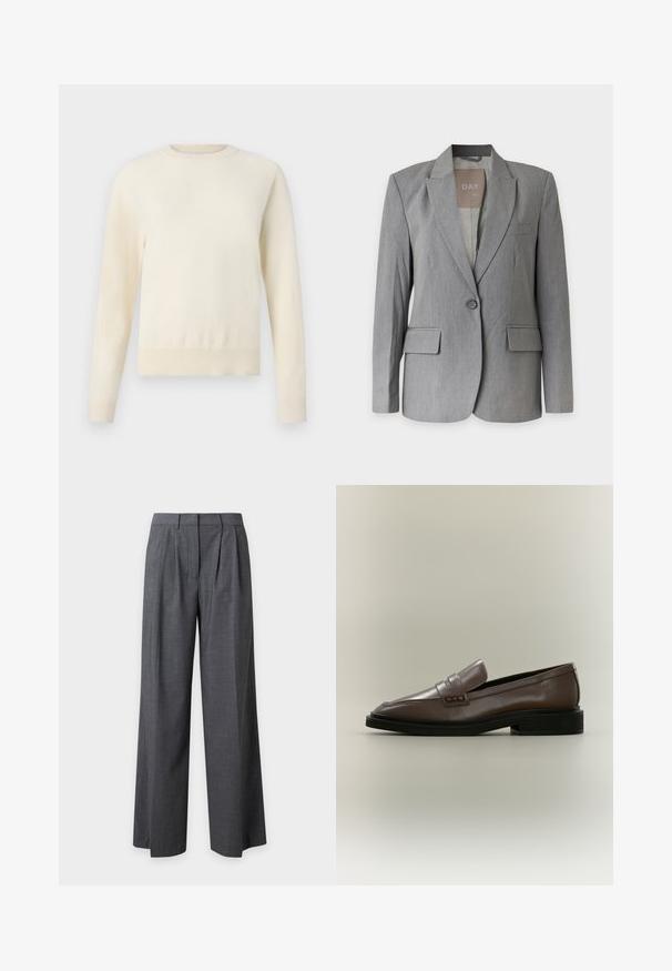 Blazer gris de un solo botón con solapas de muesca, bolsillos con solapa y un bolsillo de ojal en el pecho, mostrado sobre un fondo liso.; Suéter de color crema claro con mangas largas, cuello redondo y dobladillo de canalé. Fabricado con un material suave, presenta una textura lisa.; Pantalones de pierna ancha en gris oscuro con pliegues delanteros, trabillas para cinturón y cierre delantero oculto, mostrados sobre un fondo claro y liso.; Mocasín marrón de cuero sin cordones con suela negra y tacón bajo, con detalle de correa en la parte superior.