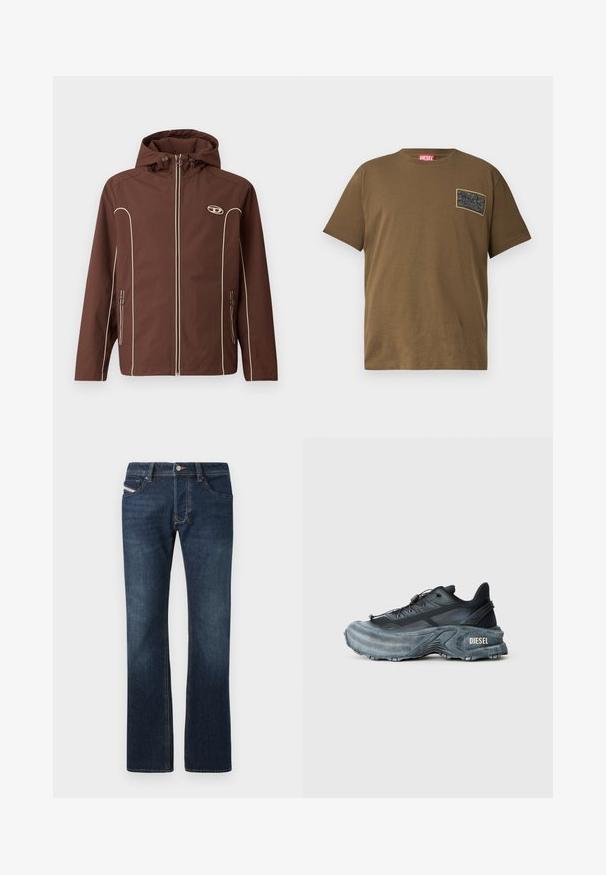 Brun jakke med hætte, der har hvid piping, lynlås foran og sidelommer med lynlåse. Tekstureret stof og logo på brystet.; Brun bomulds T-shirt med rund hals, der har et sort grafikmærke på venstre bryst. Kortærmet og med lige nederkant.; Mørkeblå denim jeans med lige ben, fem lommer og diskrete syningsdetaljer. Har metalknap og lynlås. ; Sort og grå Diesel sneakers med tyk sål, snørrebåndslukning og tekstureret design på en ensfarvet lysegrå baggrund.