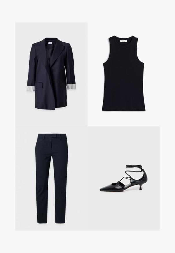 Blazer bleu marine avec revers crantés, deux poches avant à rabat et poignets rayés blancs retournés sur des manches longues.; Un haut sans manches noir avec une texture côtelée, un col rond et une coupe régulière. L'étiquette indique "IVY OAK". Pas de motifs ou d'accents supplémentaires.; Pantalon formel noir coupe slim avec passants de ceinture et poches latérales, présenté sur un fond clair uni.; Chaussure noire à bout pointu et talon kitten avec brides autour de la cheville et détails découpés sur les côtés, présentée sur un fond uni clair.