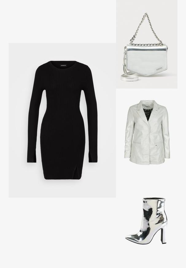 Maze IM METALLIC LOOK - Læderjakker - white metallic; Sort ribbet strikkjole med lange ærmer, rund halsudskæring, sideslidser og tætsiddende silhuet, der fremhæver en glat tekstur og minimalistisk design.; Sølv patentlæder ankelstøvle med spids tå, chunky højt hæl og lynlås i siden, med en glat, blank overflade.; Sølvfarvet metallic crossbody taske med kædestrop, geometrisk form, glat tekstur og logodetalje. Har lynlåslukning og dekorativ syning.