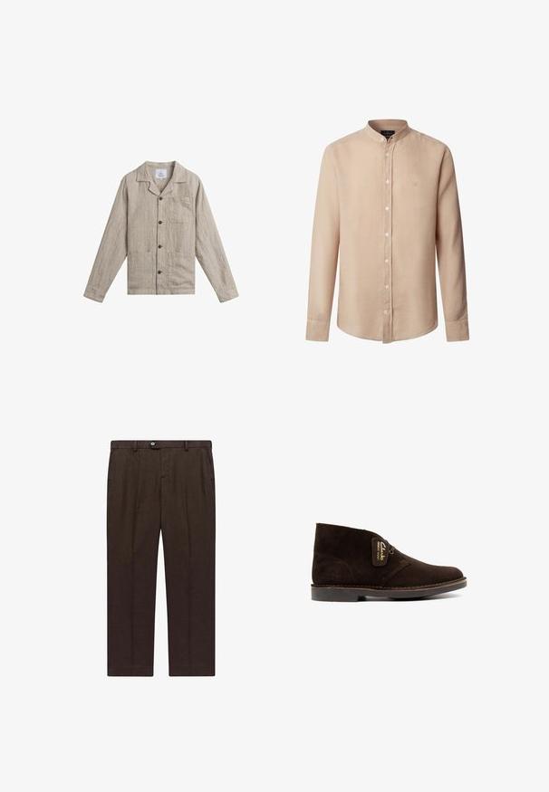 Beige langærmet linnedskjorte med knapper, krave og tre forlommer, lagt fladt på en hvid baggrund.; Beige langærmet skjorte med knapper og mandarinkrave samt lille broderet logo på venstre bryst.; Brune skræddersyede bukser lavet af letvægtsstof med lige ben, der har en frontlukning med knap og to sidelommer.; Brun ruskindsankelstøvle med rundet tå, sikret med snørebånd. Har en mærketag og en flad gummisål med diskrete syningsdetaljer.