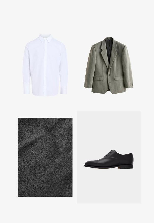 Grauer Nadelstreifen Herren-Blazer mit einem Knopf, mit Kerbkragen, Klappentaschen und schwarzem Futter, vor weißem Hintergrund dargestellt.; Weißes Hemd mit langen Ärmeln und klassischem Kragen, aus glattem Stoff gefertigt, mit durchgehendem Knopfleistenverschluss und abgerundetem Saum.; Strukturierter schwarzer Stoff mit einer weichen, leicht glänzenden Oberfläche, die ein dezentes Webmuster und einen geschmeidigen Fall aufweist.; Schwarzer Oxford-Herrenschuh aus Leder mit geschlossener Schnürung, Kappenspitze, niedrigem Absatz und glatter, polierter Oberfläche, seitlich auf weißem Hintergrund gesehen.