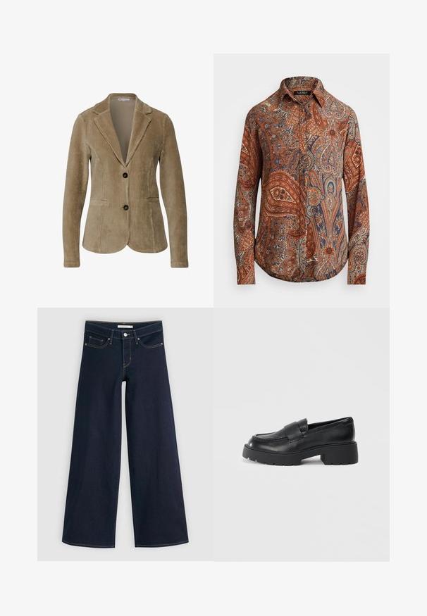 Blazer de pana marrón con cuello con muesca, dos botones y bolsillos frontales; presenta un acanalado vertical y un forro interior liso.; Camisa de manga larga en marrón con intrincados patrones paisley en azul y crema. Presenta un cuello clásico y un diseño de botones en la parte delantera.; Jeans de pierna ancha en denim oscuro con costuras naranjas, cierre de botón, dos bolsillos frontales y una textura suave. Presenta un dobladillo limpio.; Mocasines de cuero negro con un acabado texturizado, que cuentan con una correa rectangular sobre el empeine y un diseño de suela gruesa y dentada.