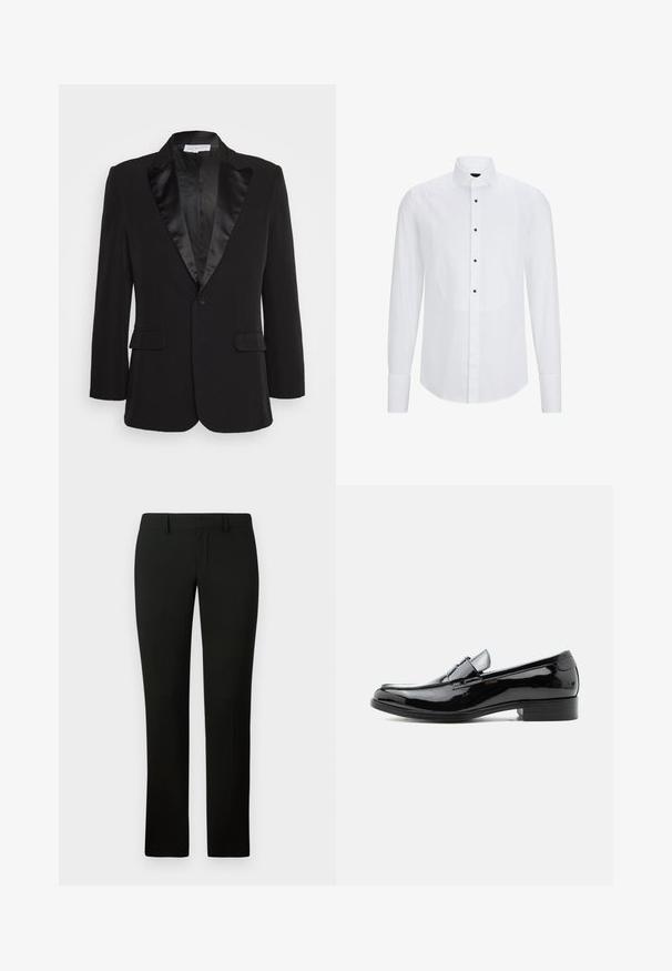 Heathe BLACK DINNER JACKET - Americana - black; Camisa blanca de manga larga con un panel frontal curvado, botones negros en el centro y un cuello clásico. Textura de tela suave.; Pantalones negros con un corte a medida, que presentan una textura suave y un diseño de pierna recta. La cintura tiene pasadores para cinturón y un acabado limpio.; Zapato tipo mocasín para hombre de charol negro con tacón bajo, punta redondeada y detalle de correa sobre el empeine, sobre fondo blanco.