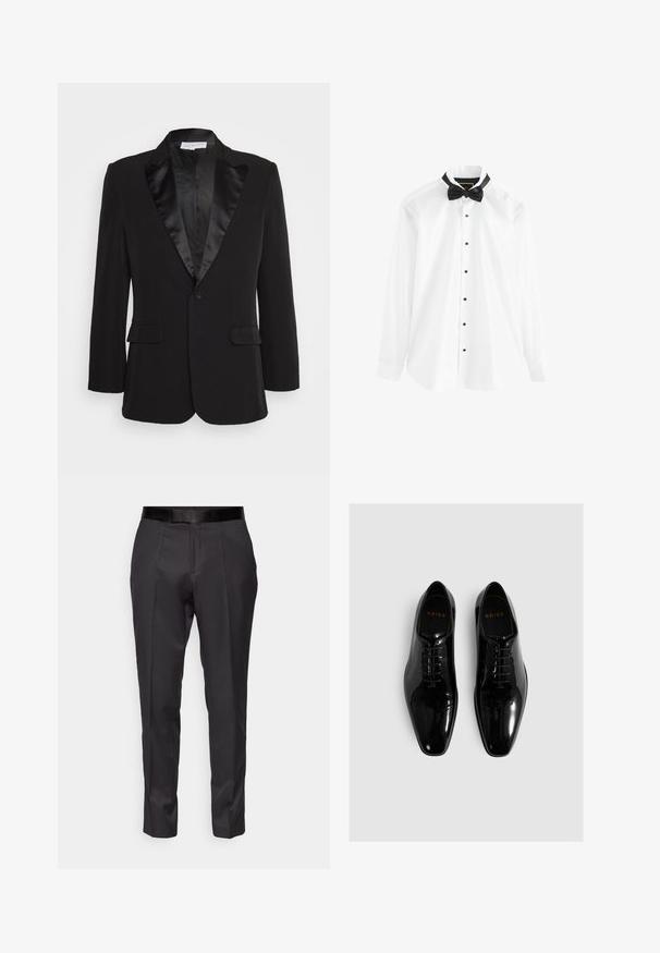 Heathe BLACK DINNER JACKET - Americana - black; Camisa de vestido de manga larga blanca con corbata de lazo de satén negro, con botones negros y un diseño clásico de collar. Textura suave.; Pantalones negros ajustados con un corte slim, frente plano y un brillo sutil. Presentan una cinturilla negra suave y detalles de pliegue a lo largo de las piernas.; Zapatos de vestir de charol negro con punta afilada, diseño de cordones y acabado liso. Presentan un logo de la marca en relieve en la plantilla.