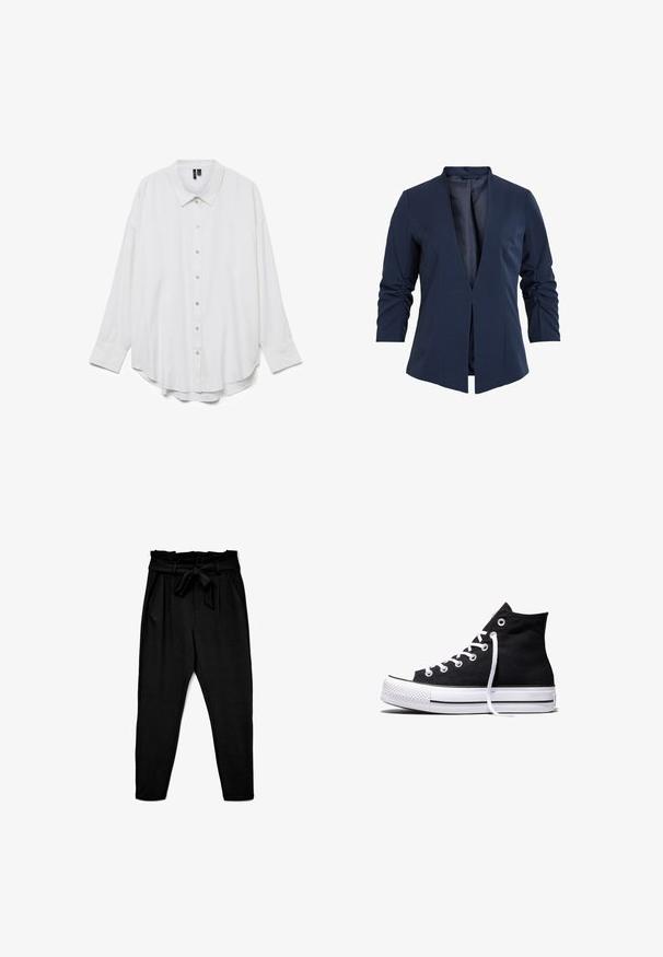 Blazer navy en tissu lisse avec un décolleté en V profond, des manches longues et des détails froncés sur les manches. Conception à ouverture frontale.; Chemise blanche à manches longues avec boutons, col pointu et ourlet arrondi, présentée sur fond blanc uni.; Pantalons noirs taille haute avec ceinture à nouer, présentant une texture douce et lisse et deux poches latérales ; design à jambe fuselée.; Baskets montantes en toile noire avec semelle en caoutchouc blanche et lacets blancs, vues de côté sur un fond blanc.