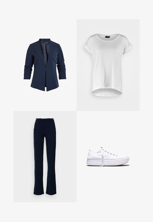 Marineblazer in een gladde stof met een diepe V-hals, lange mouwen en gathered details op de mouwen. Ontwerp met een open voorkant.; Witte T-shirt met korte mouwen en ronde halslijn, iets langere achterkant, zachte katoen stof en opgerolde mouwen. Geen zichtbare prints.; Marineblauwe broek met een rechte pijpdesign, gemaakt van een gladde stof, voorzien van ri loopjes en een ritssluiting aan de voorkant.; Witte lage canvas sneaker met dikke plateauzool, veters aan de voorkant en rubberen toeskap met structuur, zijaanzicht.