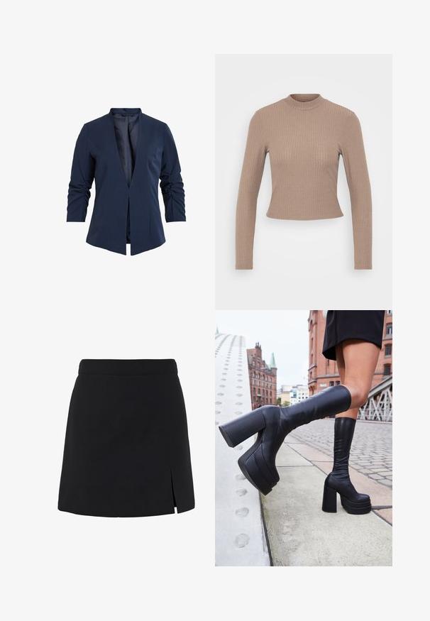 Blazer navy en una tela suave con escote en V profundo, mangas largas y detalles fruncidos en las mangas. Diseño de frente abierto.; Top de manga larga de canalé en marrón claro, con un cuello tipo alto y una silueta ajustada, con un dobladillo corto y textura de tela suave.; Minifalda negra línea A con cintura alta y una pequeña abertura en el lado delantero derecho.; Botas de plataforma negras hasta la rodilla, hechas de cuero suave, con gruesos tacones cuadrados y un diseño elegante, situadas frente a un fondo de ciudad.