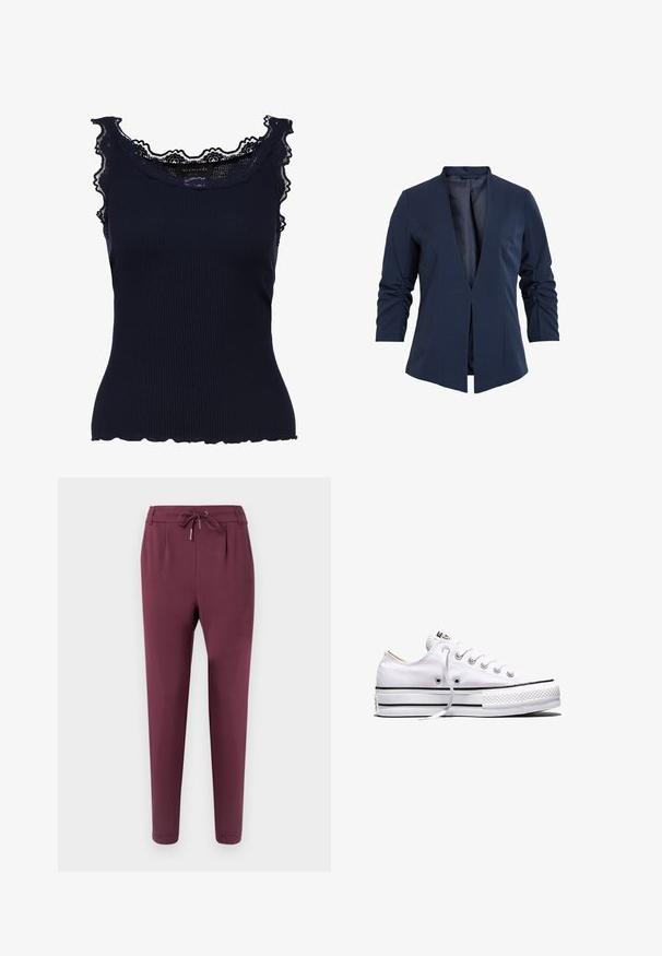 Blazer navy en tissu lisse avec un décolleté en V profond, des manches longues et des détails froncés sur les manches. Conception à ouverture frontale.; Débardeur côtelé marine avec une bordure en dentelle le long de l'encolure et des épaules, présentant un ourlet en dents de scie et une coupe ajustée. Texture de tissu douce.; Pantalon de jogging bordeaux en tissu doux, avec une taille élastique dotée d'un cordon de serrage et des chevilles resserrées pour une coupe ajustée.; Baskets basses en toile blanche avec lacets blancs, bandes noires sur la semelle et embout en caoutchouc texturé, vue de côté sur fond blanc.