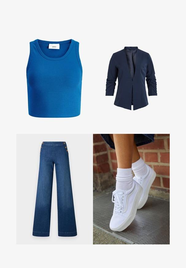 Blazer navy en tissu lisse avec un décolleté en V profond, des manches longues et des détails froncés sur les manches. Conception à ouverture frontale.; Top court bleu à côtes avec décolleté large, design sans manches, et une étiquette portant la mention "JJXX" située au centre du décolleté.; Pantalon en denim bleu foncé à jambes larges. Il présente un devant plat avec cinq boutons dorés pour la fermeture. Texture lisse avec une finition classique.; Baskets en toile blanches avec semelles en caoutchouc, dotées de six œillets, d'un bout rond et de détails de couture légers, portées avec des chaussettes blanches mi-mollet.
