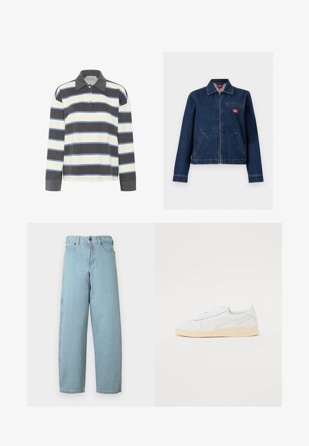 Chaqueta vaquera azul oscuro con cremallera frontal, dos bolsillos inferiores, un bolsillo en el pecho con cremallera y un pequeño parche con el logo de la marca en rojo en el pecho.; Polo de manga larga en rayas horizontales de color azul marino y blanco con acentos en azul claro. Presenta un cuello con solapa y una tapeta de tres botones.; Vaqueros de mezclilla azul claro con un corte relajado, piernas rectas, diseño de cinco bolsillos y cierre de botón metálico en la cintura.; Zapatillas con parte superior sintética blanca, diseño perforado, cordones planos y suela de goma color crema. Presentan un logotipo en el talón y en el lateral.