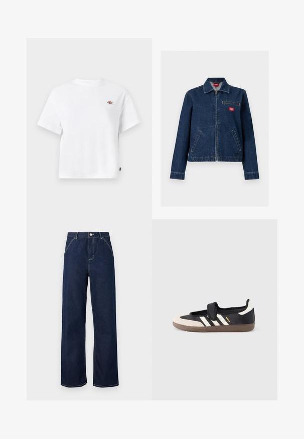 Dunkelblaue Jeansjacke mit Frontreißverschluss, zwei unteren Taschen, einer Reißverschlusstasche auf der Brust und einem kleinen roten Markenlogo auf der Brust.; Weißes Baumwoll-T-Shirt mit einem lockeren Schnitt, das ein kleines Logopatch auf der Brust und ein Etikett an der Seite für zusätzliche Details aufweist.; Dunkelblaue Jeans mit weitem Bein, sichtbaren weißen Nähten, Vordertaschen, Gürtelschlaufen und einem Knopfverschluss in der Taille.; Schwarzer und beiger Sneaker mit Klettverschluss, drei weißen Streifen an der Seite und einer strukturierten braunen Gummisohle. Markenlogo sichtbar.