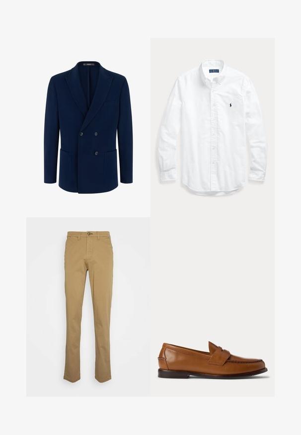 Navyblauwe double-breasted blazer met inkeping revers, twee voorzakken met klep en drie zichtbare knopen aan de voorkant.; Wit overhemd met lange mouwen, knopen en kraag, met een klein donker logo op de linkerborst, plat gelegd op een lichte achtergrond.; Khaki chinos met een slim fit, gemaakt van een katoenmix. Voorzien van een knoopsluiting en standaard vijf-pocketontwerp. Soepele textuur.; Bruine leren penny loafer met lage hiel en gestikte details aan de voorkant en zijkanten, zijaanzicht op een witte achtergrond.