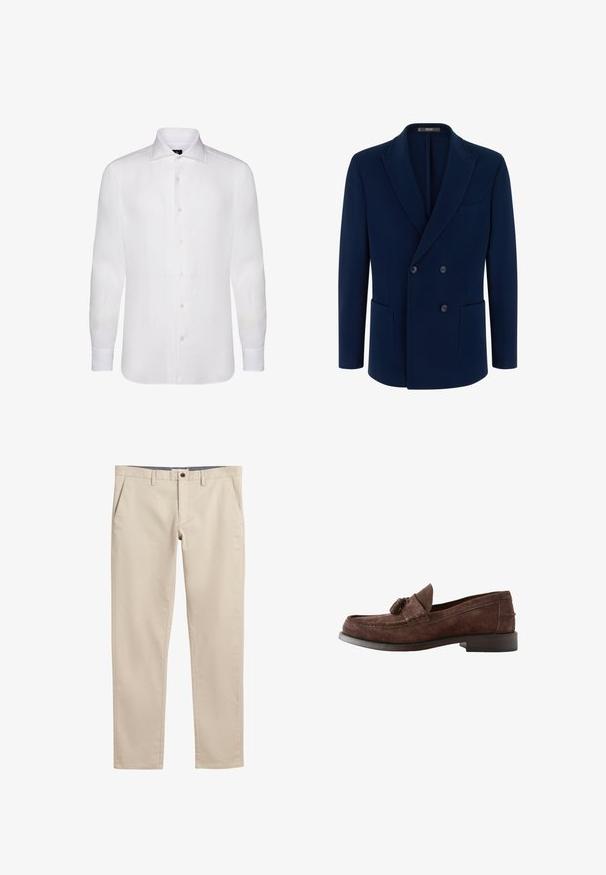 Blazer de doble pecho azul marino con solapas de muesca, dos bolsillos delanteros parche y tres botones visibles en la parte delantera.; Camisa blanca de manga larga abotonada, hecha de una tela ligera, con un cuello clásico, una textura sutil y seis botones al frente.; Pantalones casuales beige hechos de una tela suave, con bolsillos frontales y cierre de botón, con un corte recto y una textura sutil.; Mocasín de ante marrón para hombre con detalle de borlas y tacón bajo apilado, vista lateral sobre fondo blanco.