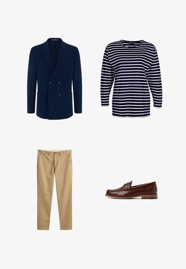 Marineblå dobbeltradet blazer med hakkede revers, to forlommer og tre synlige knapper foran.; Armor lux BEG MEIL MARINIÈRE - Langærmet T-shirt - navire/blanc; Beige chinos med lige ben, bæltestropper, frontknap, lynlås og sidelommer, vist fladt på en hvid baggrund.; Brune læder loafers med et vævet detaljer og et guldfarvet element. Flad træhæl med sort gummigreb. Glat tekstur, klassisk design.