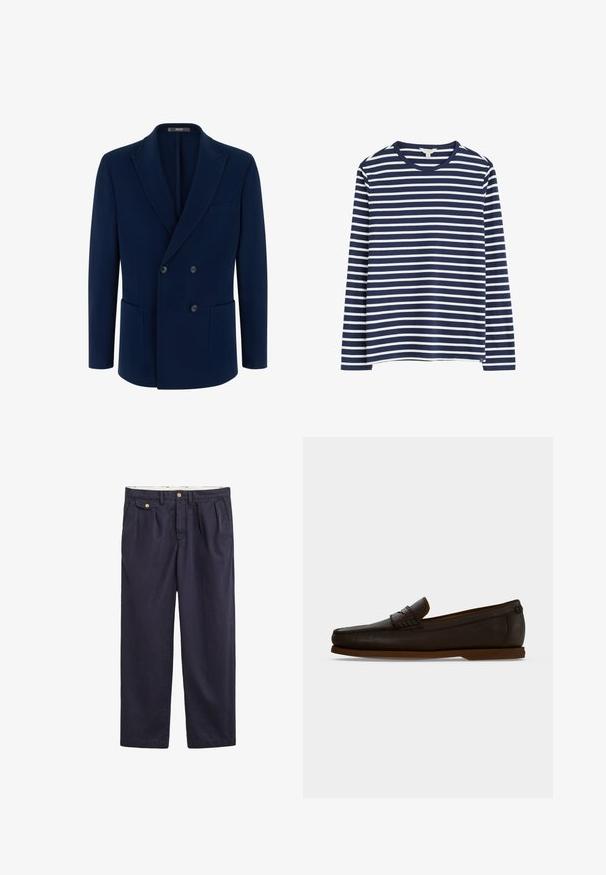 Blazer bleu marine croisé avec revers crantés, deux poches plaquées à l'avant et trois boutons visibles sur le devant.; Chemise à manches longues à rayures horizontales bleu marine et blanches. Tissu en coton doux, encolure ras du cou, ourlet droit avec fentes latérales pour plus de confort.; Pantalon décontracté bleu marine avec rabat de poche latérale boutonné, plis avant et passants de ceinture.; Mocassin en cuir marron foncé avec semelle plate et détail de bride tissée sur le dessus, montré de profil sur un fond uni.