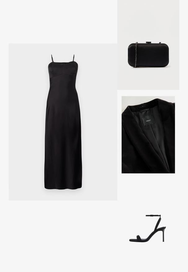 Sort fløjl blazer med en glat satinforing. Bemærkelsesværdige detaljer inkluderer en reverskrave og et mærke indeni, der viser mærket "NEXT."; Sort satin glat kjole med spaghettistropper, der har en tætsiddende overdel, A-formet silhuet og gulvlængde design. Glat tekstur.; Sort højhælet sandal med tynd ankelrem og åben tå, der har en slank stiletthæl og et minimalistisk design.; Sort rektangulær clutch lavet af glat materiale. Har en aftagelig kædestropp og en metallisk clasp på toppen. Enkel design med afrundede kanter.