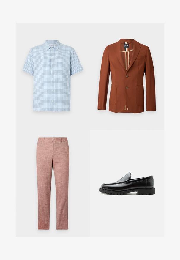 Brun blazer med en skræddersyet design, der har to forlommer, to knapper og en stribet indvendig foring. Glat tekstur, struktureret form.; Lyseblå og hvide kortærmede skjorte med småternet mønster og klassisk krave på hvid baggrund.; Røde strukturerede bukser med lige ben-design, forlommer og knaplukning. Stoffet har et vævet mønster for ekstra detalje.; Sort læderloafer med chunky gummisål, syet overdel og præget mærkenavn på hælen, vist i sideprofil på hvid baggrund.