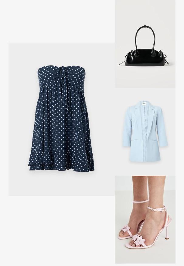 Blazer azul claro para mujer con mangas largas, solapas con muesca y dos bolsillos delanteros, exhibido sobre un fondo blanco.; Vestido azul marino sin tirantes con lunares blancos, lazo atado en el centro y bajo con volantes.; Sandalias de tacón alto rosas con apliques florales, tiras delgadas en el tobillo y diseño destalonado. Textura suave y forma de puntera puntiaguda.; Pequeño bolso negro brillante con dos asas largas y detalles de cordón lateral sobre un fondo claro liso.