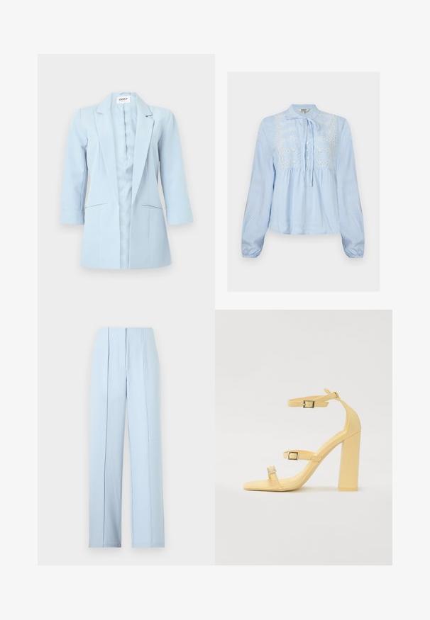 Lyseblå kvinde-blazer med lange ærmer, revers med hak og to forlommer, vist på hvid baggrund.; Lyseblå langærmet bluse med hvide lodrette striber, knapper foran, bindebånd ved halsen og hvid blomsterbroderi på brystet.; Lyseblå vidde bukser med høj talje, frontplisseringer og skjult lynlåslukning på ensfarvet baggrund.; Gule blokhælede sandaler med tre justerbare remme, firkantet tådesign, glat syntetisk materiale og sølvfarvede spænder.
