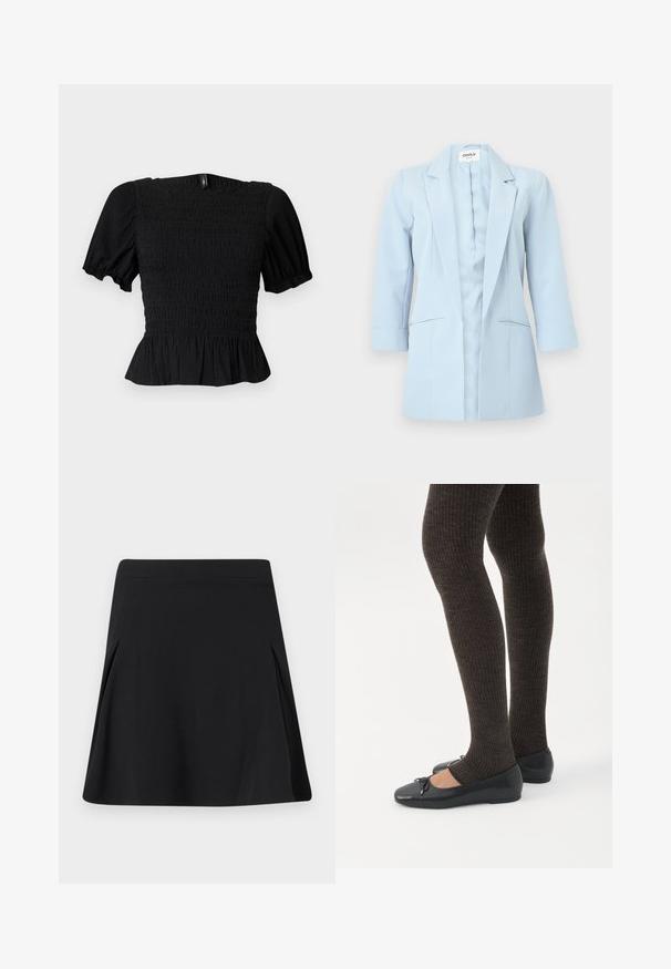 Blazer bleu clair pour femmes, à manches longues, col à revers crantés et deux poches avant, présenté sur fond blanc.; Haut court noir texturé avec manches bouffantes, corsage smocké, encolure carrée et ourlet à volants sur fond clair.; Jupe noire trapèze avec de légers plis sur les côtés, ceinture plate et texture de tissu lisse.; Jambes portant des leggings côtelés foncés associés à des ballerines noires avec de petits détails en nœud sur fond blanc.