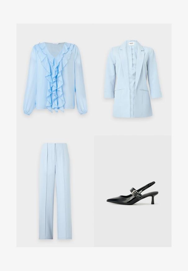Blazer azul claro para mujer con mangas largas, solapas con muesca y dos bolsillos delanteros, exhibido sobre un fondo blanco.; Blusa azul claro con escote en V y detalle de volantes en el frontal. Las mangas largas tienen puños elásticos, y la tela parece suave y ligera.; Pantalones de pierna ancha de tiro alto en azul claro con pliegues delanteros y cierre de bragueta oculto sobre un fondo liso.; Zapatos de tacón en charol negro con tira al tobillo, punta afilada y un pequeño tacón bloque, que cuentan con un acento de hebilla plateada en la correa.