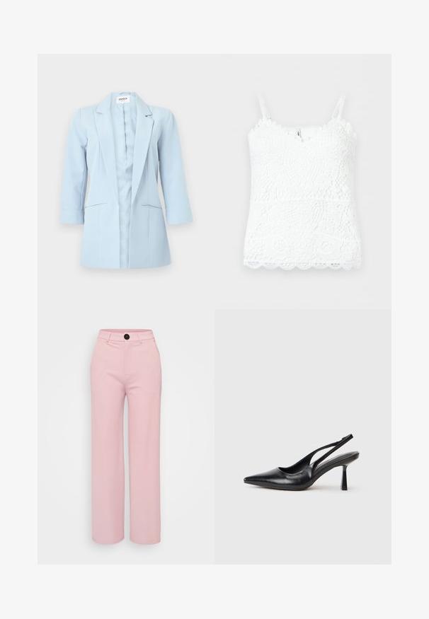 Blazer azul claro para mujer con mangas largas, solapas con muesca y dos bolsillos delanteros, exhibido sobre un fondo blanco.; Camiseta blanca de encaje con patrones florales y geométricos, tirantes finos ajustables y dobladillo con borde festoneado sobre un fondo claro.; Pantalones de pierna ancha en rosa claro con una textura suave, con un botón negro y un diseño clásico de cinturilla. No hay bolsillos adicionales visibles.; Zapato de tacón alto negro de cuero con puntera afilada y tacón delgado sobre un fondo blanco.