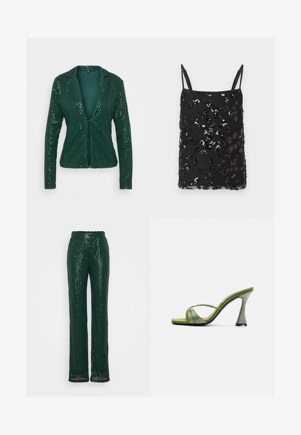 Blazer verde con lentejuelas, cuello con muesca, apertura frontal y mangas largas. Superficie texturizada con lentejuelas brillantes para un efecto resplandeciente.; Top de camisola negro con tirantes finos, adornado con lentejuelas negras y plateadas de diferentes tamaños que forman un patrón disperso sobre la tela.; Pantalones de lentejuelas verdes con un ajuste holgado, cinturilla elástica y piernas rectas. La tela tiene una superficie brillante y texturizada con acentos relucientes.; Sandalia abierta de satén verde con tiras entrecruzadas, adornada con strass. Presenta un tacón alto y arquitectónico con un acabado texturizado.