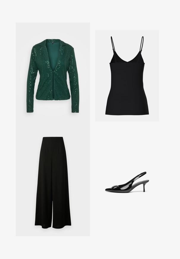 Grüner Pailletten-Blazer mit Reverskragen, offenem Vorderteil und langen Ärmeln. Strukturierte Oberfläche mit glänzenden Pailletten für einen funkelnden Effekt.; Schwarzes Camisole-Top mit dünnen, verstellbaren Trägern, V-Ausschnitt-Design, enganliegender Form und nahtloser Textur. Schlichter und minimalistisch Stil.; Vero Moda Tall VMLIVA SUPER WIDE PANTS - Stoffhose - black; Schwarze patentierte Slingback-Absätze mit spitzem Zehenbereich und glänzender Oberfläche. Besitzt einen schlanken Absatz und eine abgerundete Akzentuierung am Schuhoberteil.