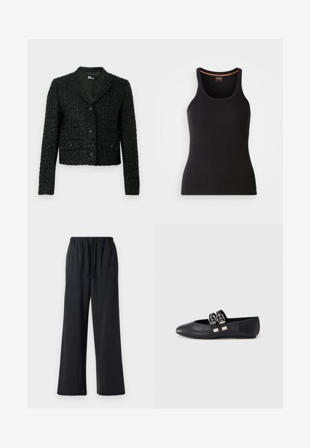 Sort kort jakke med tekstureret finish, der har en tætsiddende pasform, revers med hak, knapper foran og to lommer med klap.; Sort ribbet tanktop med rund halsudskæring. Har en tætsiddende pasform og orange detaljer ved halsen. Brandlogo subtilt broderet på fronten.; Sorte, vide benbukser lavet af blødt stof med elastisk talje og snøre. Har en glat overflade og ingen synlige mønstre.; Sort flad sko i læder med spids snude og to sølvfarvede spænder over vristen, fotograferet mod en ensartet lys baggrund.