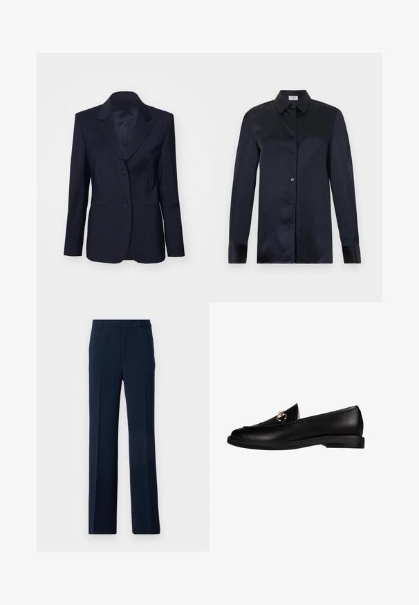 Tiger of Sweden YLJA - Blazer - dark ink; Sort langærmet silke-bluse med spids krave, knappelukning foran og manchetærmer, vist på en ensfarvet lys baggrund.; Mørkeblå bukser lavet af glat stof, med et lige ben design og frontfolder samt sidelommer for et skræddersyet look.; Sorte læder loafers med en glat overflade, med en guldfarvet hardware detalje på vampen og en lav, flad sål.