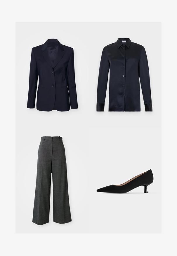 Tiger of Sweden YLJA - Blazer - dark ink; Sort langærmet silke-bluse med spids krave, knappelukning foran og manchetærmer, vist på en ensfarvet lys baggrund.; Gråternet vidde bukser med høj talje, der har forkantfoldninger, vertikal struktur og uden synligt hardware eller detaljer.; Sort damesko med lav hæl, spids snude, slank, udvidet kittenhælkappe og glat mat finish set fra siden.