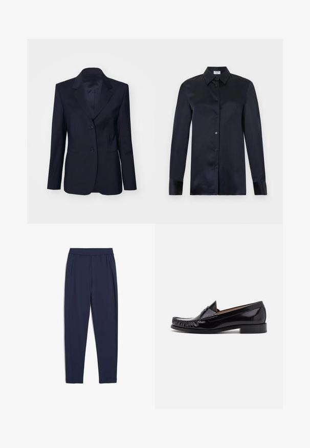Tiger of Sweden YLJA - Blazer - dark ink; Schwarze langärmelige Seidenbluse mit spitzem Kragen, durchgehender Knopfleiste vorne und geknöpften Manschetten, auf hellem einfarbigem Hintergrund präsentiert.; Marineblaue Stretchstoff-Hosen mit elastischem Bund, seitlichen Taschen und taillierter Form. Glatte Textur und saubere Nähte.; Schwarze Leder-Mokassins mit glänzender Oberfläche, ausgestattet mit Fransenverzierungen an der Vorderseite und einem niedrigen, gestapelten Absatz.