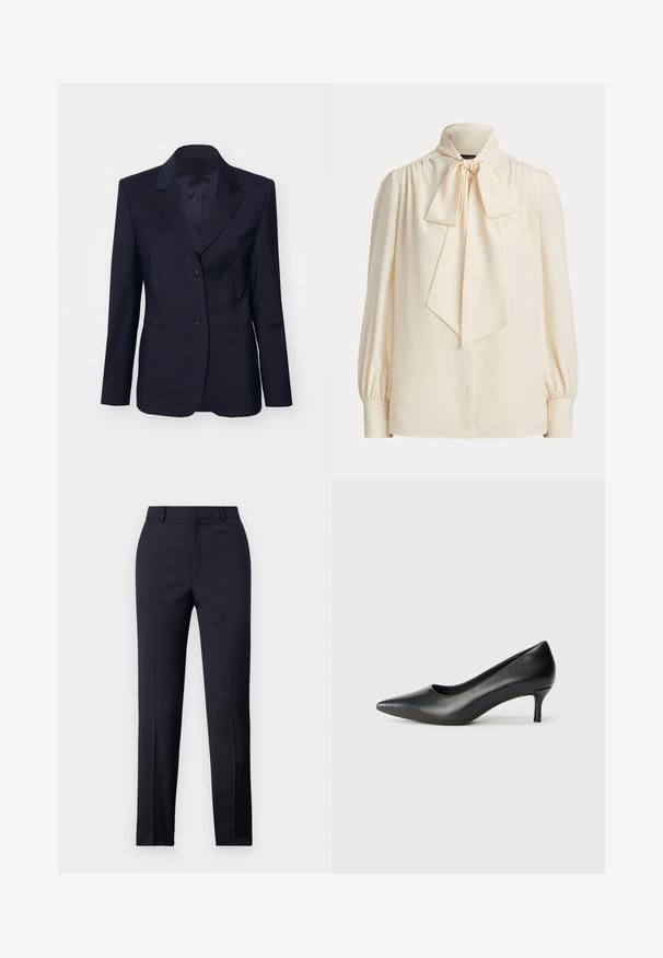 Tiger of Sweden YLJA - Blazer - dark ink; Langærmet cremefarvet bluse med høj krave og en stor bundet sløjfe ved halsen, med rynkede skuldre og manchetærmer.; Marineblå skræddersyede bukser med lige snit, der har en glat tekstur, to frontlommer og en ren talje.; Sorte læder pumps med spids tese og en lav, kegleformet hæl, glat tekstur og en lav skæring i overdelen for synlighed af foden.
