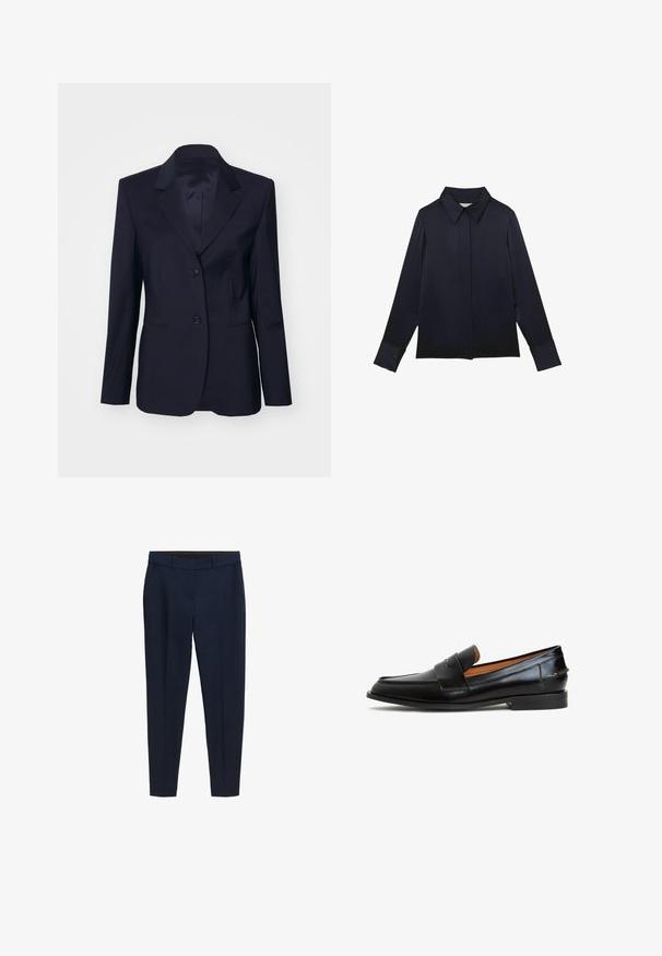 Tiger of Sweden YLJA - Blazer - dark ink; Mørk navyblå bluse med lange ærmer, spids krave og skjult knaplukning, vist på en hvid baggrund.; Mørkeblå skræddersyede bukser med bæltestropper, sidelommer og en favoritfold fortil, designet til en tætsiddende pasform.; Sorte læder loafers med et elegant design, der har en bred rem over vristen, rund tå og flad sål. Glat tekstur med minimal syning.