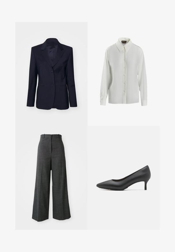 Tiger of Sweden YLJA - Blazer - dark ink; Luisa Spagnoli LIMONAIA - Chemisier - panna; Pantalons larges à carreaux gris avec une taille haute, présentant des plis à l'avant, une texture vertical et sans hardware ni accents visibles.; Escarpin noir en cuir, à bout pointu et à petit talon, avec une texture lisse ; présente un design élégant et une ouverture arrondie pour un enfilage facile.