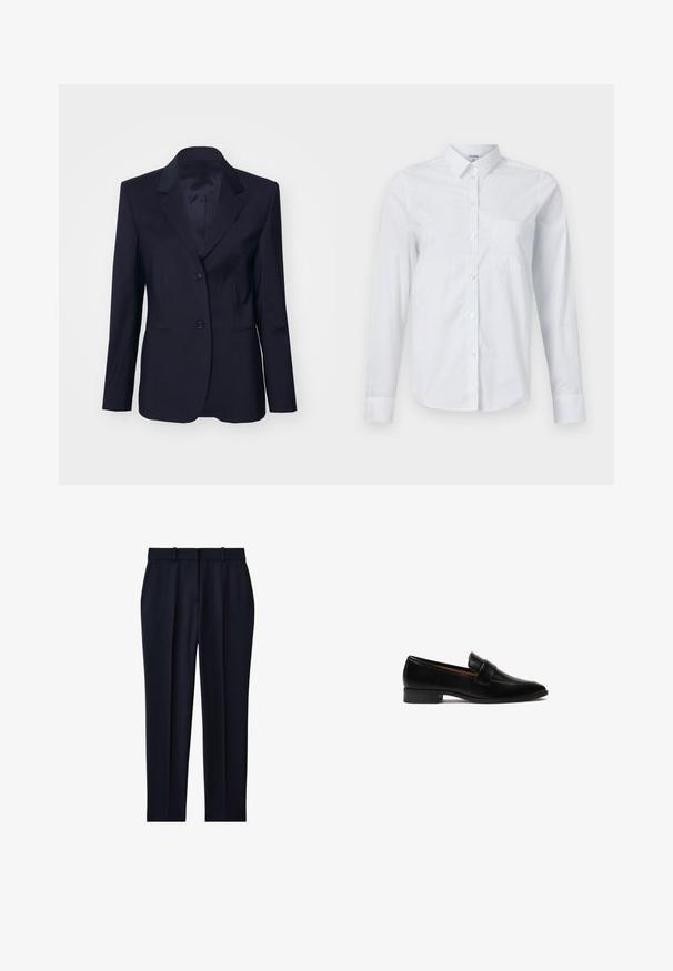 Tiger of Sweden YLJA - Blazer - dark ink; Hvid langærmet skjorte lavet af bomuld, med krave, knaplukning foran og en enkelt brystlomme. Glat tekstur. Ingen mønstre.; Marineblå skræddersyede bukser med bæltestropper, sidelommer, forreste presning og lige ben pasform.; Sorte læder loafers med flad hæl, der har en rektangulær rem over vampen og en glat, poleret overflade.