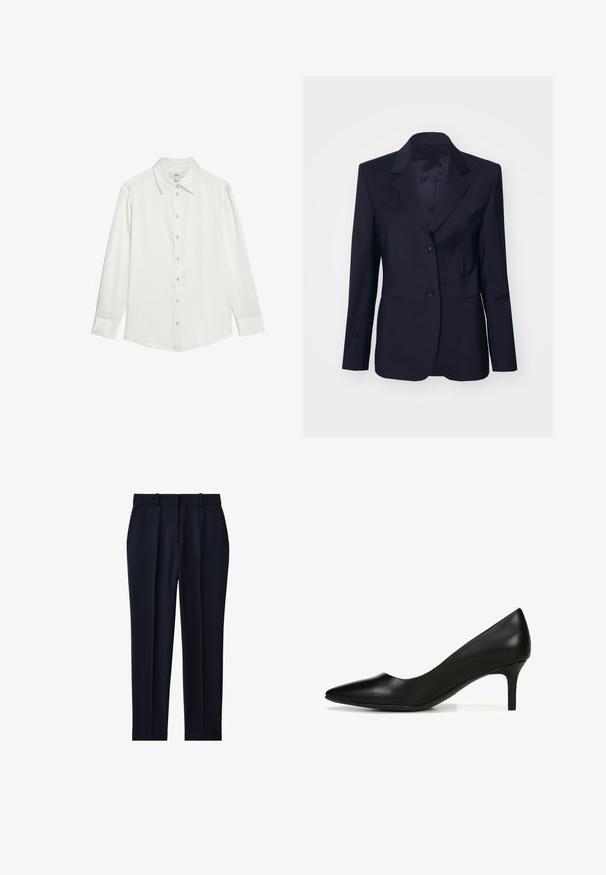 Tiger of Sweden YLJA - Blazer - dark ink; Chemise blanche à manches longues avec un col classique, patte de boutonnage sur le devant et texture de tissu lisse. Présente des poignets boutonnés et une coupe ajustée.; Pantalon bleu marine sur mesure avec passants de ceinture, poches latérales, pli sur le devant et coupe droite.; Escarpin noir en cuir, à talon haut, avec un bout pointu, un talon fin et une texture lisse. Présente un design minimaliste et une couleur unie.