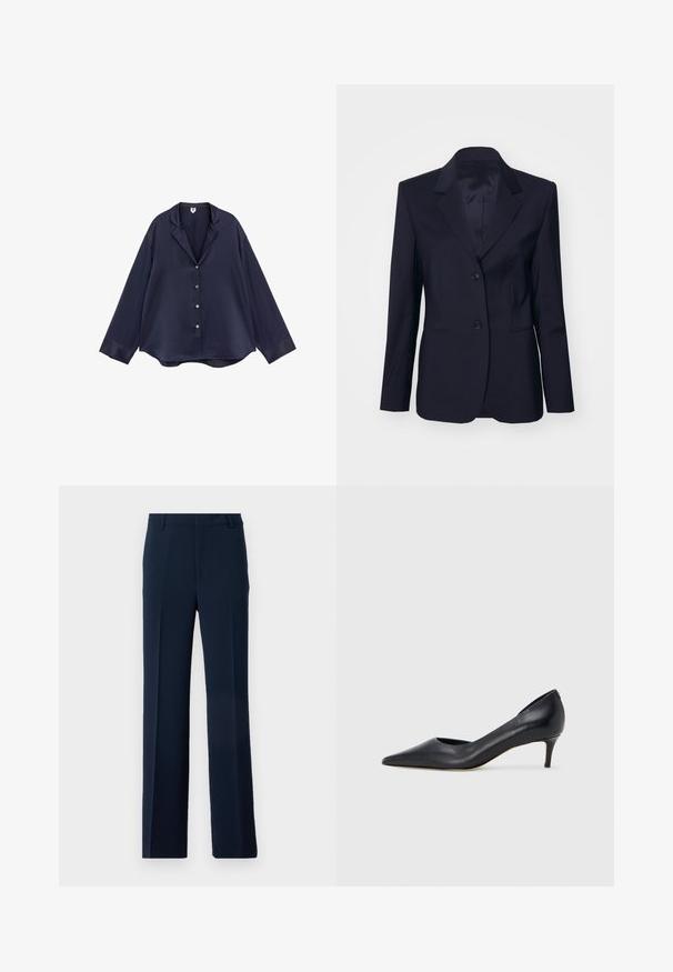 Tiger of Sweden YLJA - Blazer - dark ink; Chemise en satin bleu marine à manches longues avec col cranté, boutonnière devant, et coupe ample et décontractée.; Pantalons bleu marine en tissu lisse, présentant un design à jambe droite avec des plis avant et des poches latérales pour une allure soignée.; Escarpin en cuir noir avec un bout pointu et un talon bas. Présente une texture lisse et un éclat subtil. Découpe ouverte à l'avant pour un détail supplémentaire.