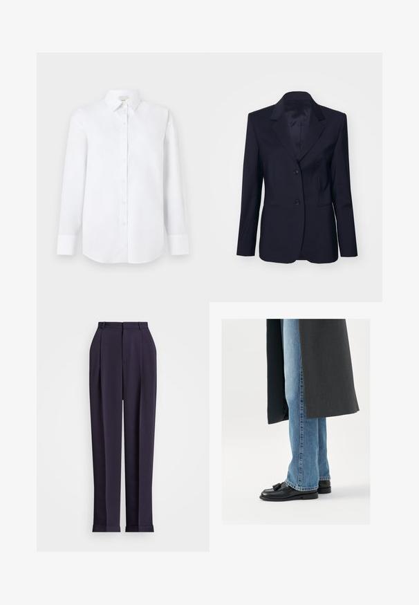 Tiger of Sweden YLJA - Blazer - dark ink; Hvid langærmet skjorte lavet af glat stof, med knaplukning foran, klassisk krave og rundet bagkant med knappede manchetter.; Marineblå skræddersyede bukser med høj talje, plisseret front og smal kant. Fremstillet af et glat stof med en poleret overflade.; Sorte læderloafer med kvaster, båret med lyseblå lige ben jeans, suppleres af en mørkegrå frakke. Rene linjer og struktureret stof.