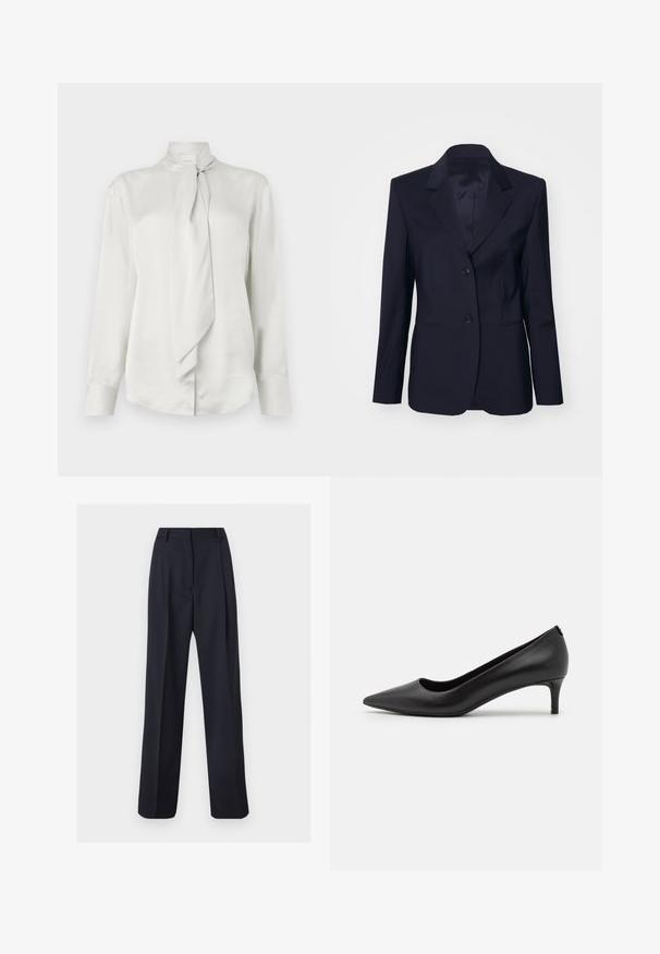 Tiger of Sweden YLJA - Blazer - dark ink; Blusa blanca de manga larga con cuello alto y detalle de bufanda atada en la parte delantera, hecha de una suave tela similar al satén.; Pantalones rectos de pierna ajustada de color azul marino con trabillas para cinturón y detalle de pliegue frontal, mostrados sobre un fondo blanco.; Zapato de charol negro con punta afilada y tacón bajo. Textura suave, diseño elegante y detalles sutiles en el tacón.