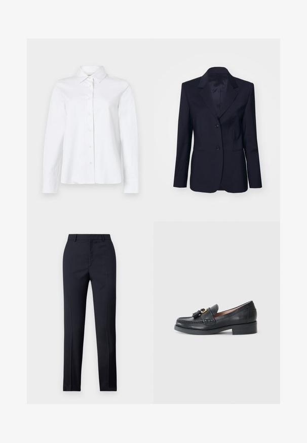 Tiger of Sweden YLJA - Σακάκι - dark ink; CLOSED CLASSIC SHIRT WITH STRAP DETAIL - Πουκαμίσα με κουμπιά - white; Ναυτικές tailored παντελόνες με ίσια γραμμή, με λεία υφή, δύο εμπρόσθιες τσέπες και καθαρή μέση.; Μαύρα δερμάτινα λογότυπα με στρογγυλή μύτη, διακοσμητικές φούντες και μικρό τακούνι. Διαθέτουν ορατές ραφές και λεία υφή.