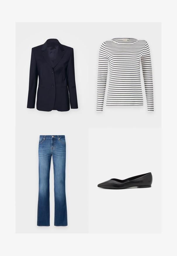 Tiger of Sweden YLJA - Blazer - dark ink; Langærmet stribet skjorte lavet af blødt stof, med marineblå og hvide vandrette striber, rund halsudskæring og en slim-fit design.; Blå denim flared jeans med et klassisk fem-lomme design, der har en falmet vask, guldtråde og en knaplukning i taljen.; Sorte flade sko lavet af glat læder, med et spidst tådesign og en lav, afrundet hæl med en minimalistisk silhuet.