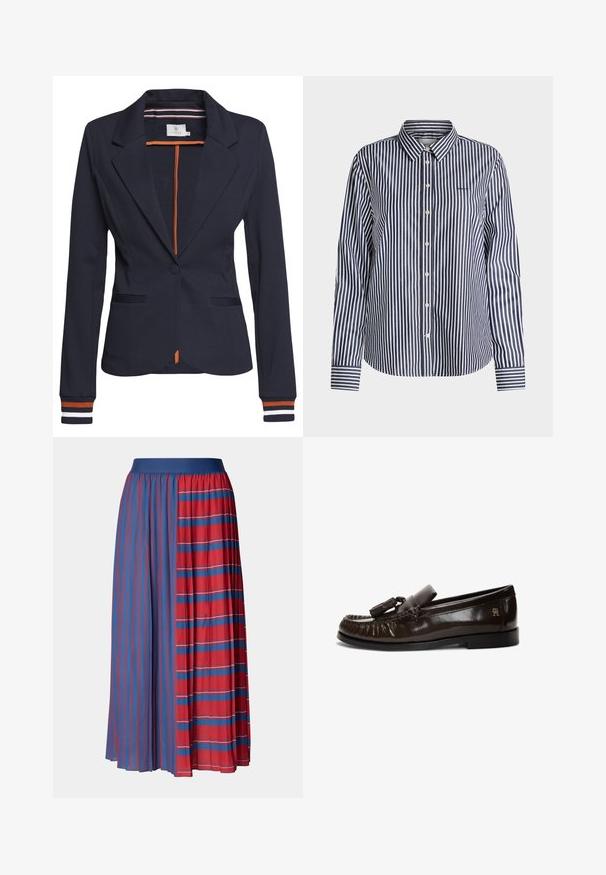Blazer azul marino con un corte ajustado, que presenta un solo botón, dos bolsillos frontales y un detalle de rayas en los puños y el interior.; Camisa de manga larga abotonada con rayas verticales azul marino y blancas y cuello clásico, mostrada sobre un fondo liso.; Falda plisada con una cinturilla sólida azul. Un lado presenta rayas verticales rojas y azules; el otro lado exhibe rayas rojas horizontales.; Mocasín de cuero marrón oscuro con borla, costura tipo mocasín, suela negra plana y pequeño logo dorado en el lateral del talón.