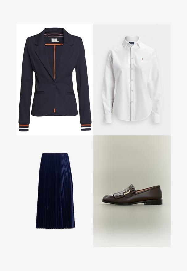 Marineblauwe blazer met een getailleerde pasvorm, voorzien van een enkele knoop, twee voorzakken en gestreepte details op de mouwen en aan de binnenkant.; Witte, lange mouwen, button-up overhemd van katoen, met een klassieke kraag en een klein geborduurd logo op de borst.; Navy geplooide midi-jurk gemaakt van lichte stof met een zachte textuur, voorzien van gelijkmatig verdeelde verticale plooien en een elastische tailleband.; Donkerbruine leren loafer met franje-detail en gouden gesp op een neutrale achtergrond, zijaanzicht.