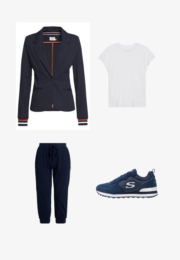 Blazer azul marino con un corte ajustado, que presenta un solo botón, dos bolsillos frontales y un detalle de rayas en los puños y el interior.; Camiseta blanca de manga corta con cuello redondo, corte relajado, hecha de suave tela de algodón. Textura lisa, sin estampados ni logotipos.; Pantalones jogger azul marino hechos de tela suave. Cuentan con una cintura elástica con cordón ajustable y puños en los tobillos para un ajuste relajado.; Zapatilla deportiva azul marino con materiales de ante y malla, que presenta un logo plateado prominente, parte superior texturizada y una media suela blanca.