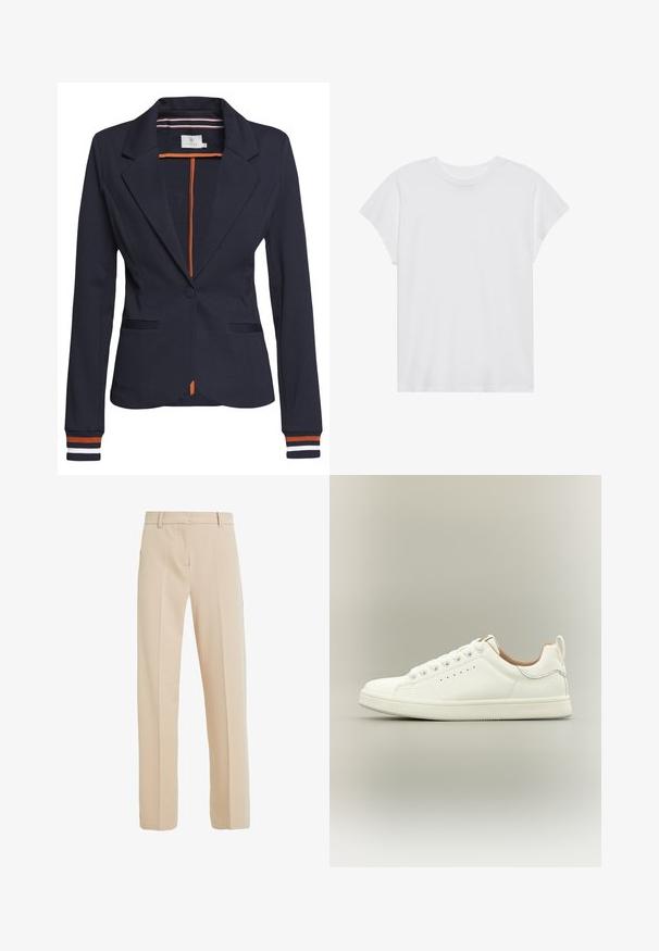 Navyblazer mit figurbetonter Passform, ausgestattet mit einem einzigen Knopf, zwei Fronttaschen und gestreiften Details an den Ärmelbündchen und im Innenfutter.; Weißes kurzärmliges T-Shirt mit Rundhalsausschnitt, lockerer Passform, aus weichem Baumwollstoff. Glatte Textur, keine Muster oder Logos.; Beige maßgeschneiderte Hose aus glattem Stoff, mit geradem Beinanschnitt, seitlichen Taschen und Bügelfalten auf der Vorderseite.; Weißer Sneaker mit niedrigem Schaft, Schnürsenkeln, perforierten Seitendetails und einem Zuglasche an der Ferse, vor neutralem Hintergrund.