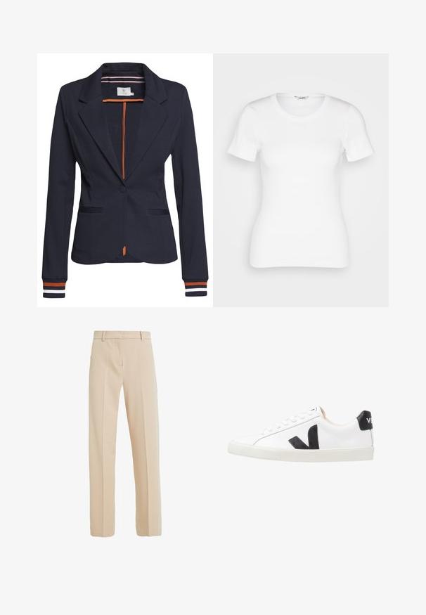 Blazer marine avec une coupe ajustée, présentant un bouton unique, deux poches avant et des détails rayés aux poignets et à l'intérieur.; T-shirt en coton blanc avec des manches courtes, un col rond et une texture côtelée. Design ajusté avec une finition lisse et nette.; Pantalons beige ajustés en tissu lisse, avec une coupe droite, des poches latérales et des détails de pli à l'avant.; Baskets blanches avec un logo V noir, présentant un dessus en cuir lisse, un bout rond, un système de laçage et un empiècement au talon noir contrastant.